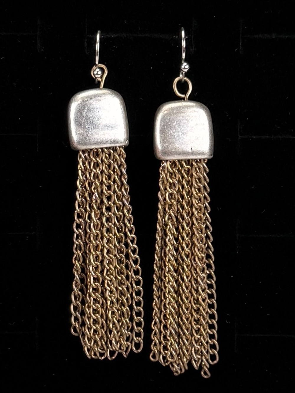 Vintage Silvertone, mixed metal fringe chain weighted pierced earrings